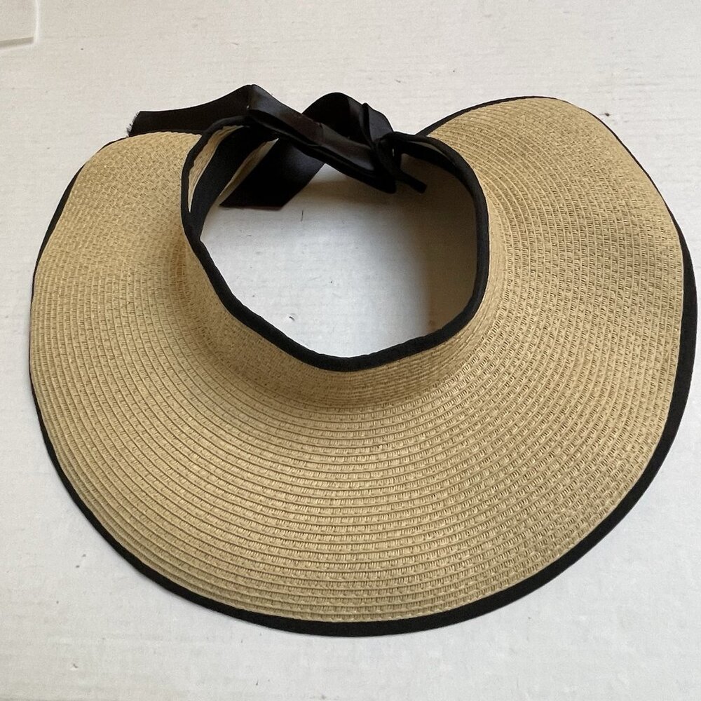 Women Sun Visor Black Trim Bow Roll Up Packable Foldable Wide‎ Brim Beach Party